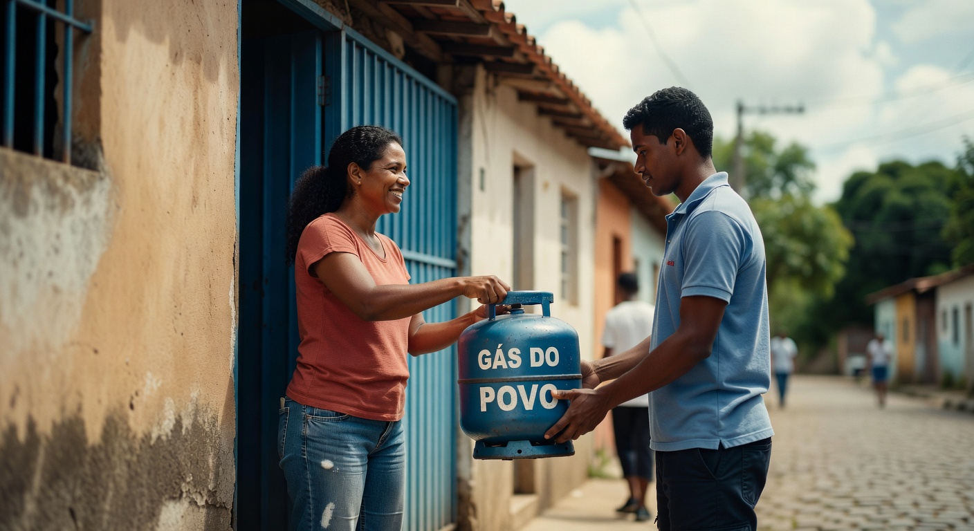 Mulher recebendo botijão azul do Gás do Povo de entregador em rua residencial programa social subsidio gas