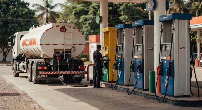 Caminhão-tanque branco abastecendo posto de gasolina com múltiplas bombas de combustível, mercado de distribuição