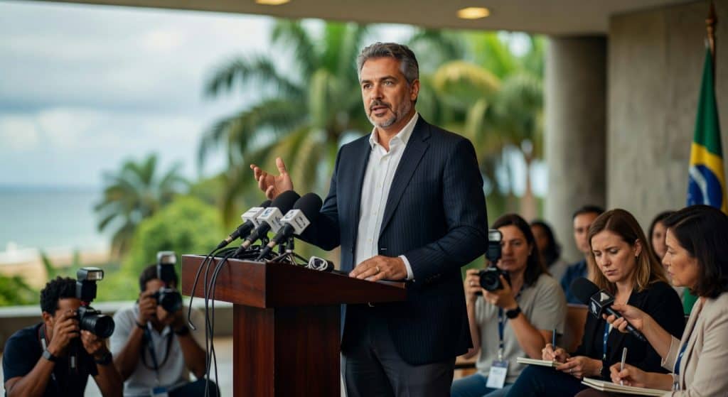 Homem de terno discursa em púlpito cercado por jornalistas e microfones, política econômica governo brasileiro