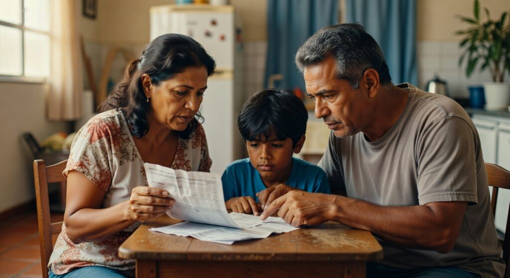 Casal com criança examinando documentos financeiros na mesa da cozinha, representando impacto das contas de luz