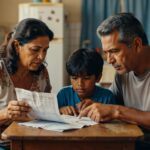 Casal com criança examinando documentos financeiros na mesa da cozinha, representando impacto das contas de luz
