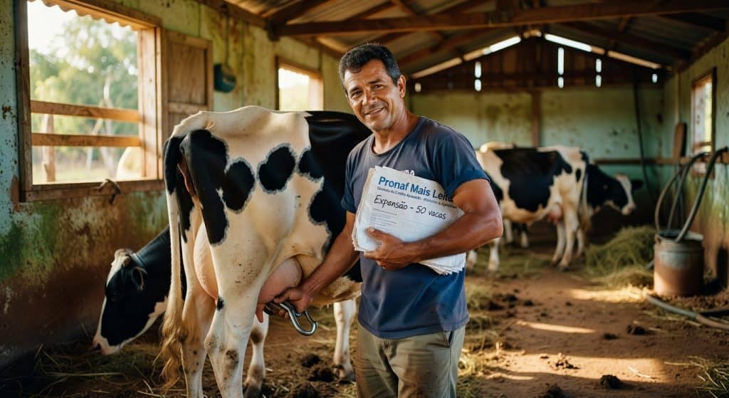 Produtor rural sorrindo ao lado de vaca leiteira em estábulo, segurando documentos sobre expansão pecuária familiar