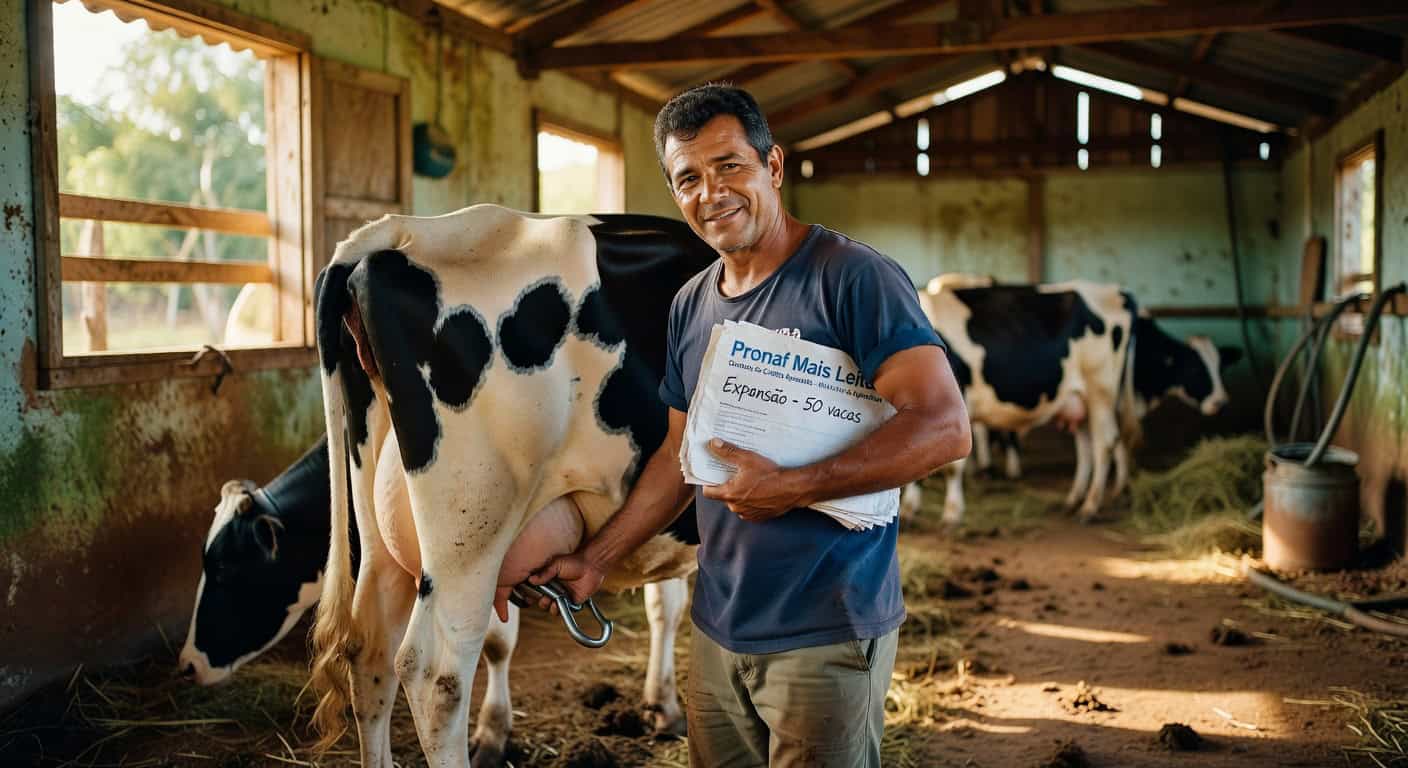 Produtor rural sorrindo ao lado de vaca leiteira em estábulo, segurando documentos sobre expansão pecuária familiar
