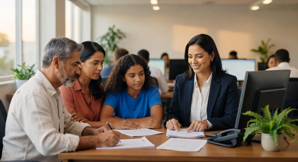 Família com filha adolescente em consultoria financeira com profissional em escritório moderno, negociação crédito