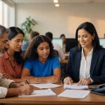 Família com filha adolescente em consultoria financeira com profissional em escritório moderno, negociação crédito