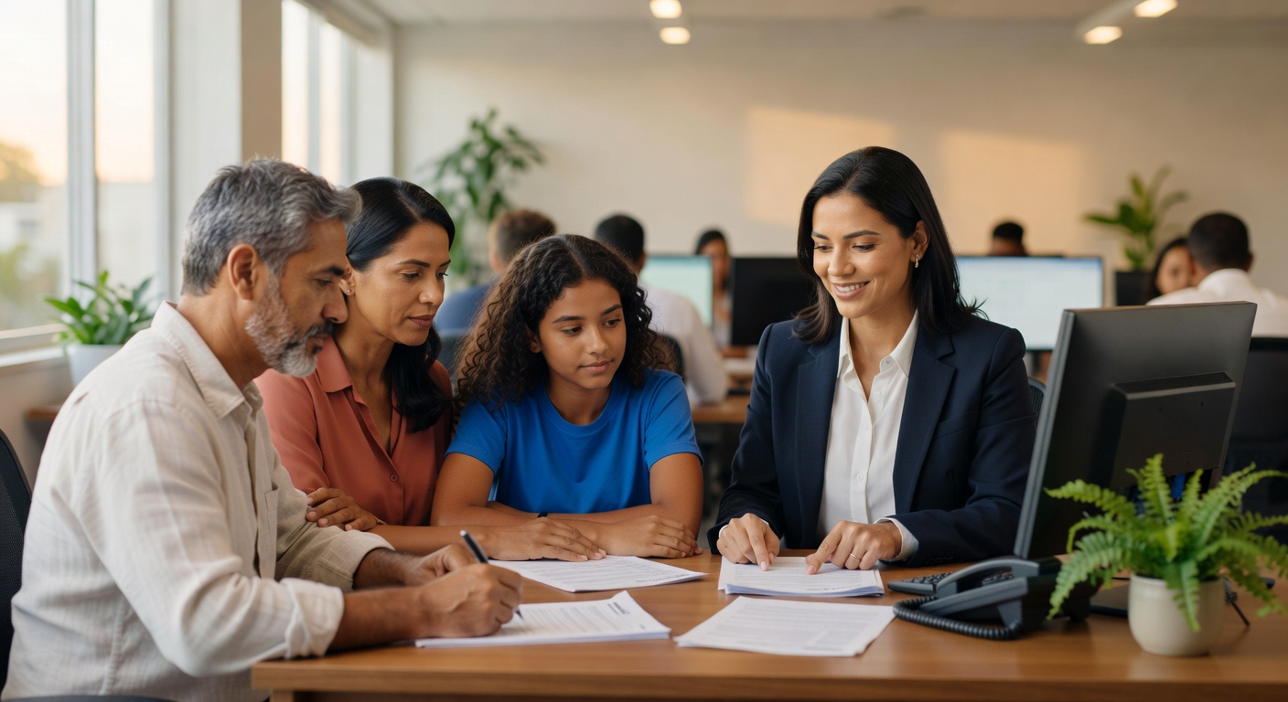 Família com filha adolescente em consultoria financeira com profissional em escritório moderno, negociação crédito