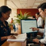 Profissionais analisam documentos e tela de computador com regulamentação de empréstimos consignados para servidores