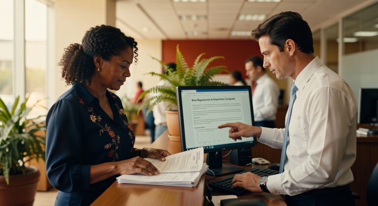 Profissionais analisam documentos e tela de computador com regulamentação de empréstimos consignados para servidores