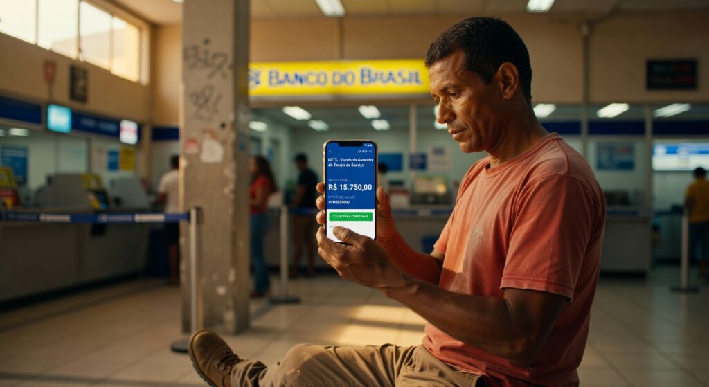 Homem verifica saldo do FGTS de R$ 15.750,00 no aplicativo móvel dentro de agência bancária do Banco do Brasil