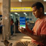 Homem verifica saldo do FGTS de R$ 15.750,00 no aplicativo móvel dentro de agência bancária do Banco do Brasil