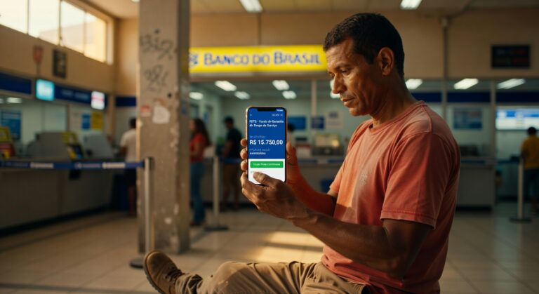 Homem verifica saldo do FGTS de R$ 15.750,00 no aplicativo móvel dentro de agência bancária do Banco do Brasil
