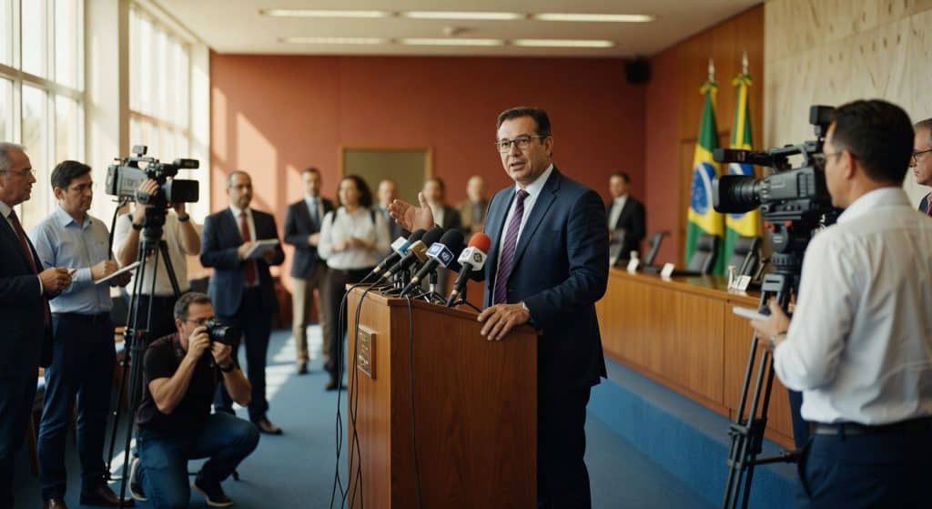 Homem de terno fala ao púlpito cercado por jornalistas e câmeras em sala com bandeiras brasileiras, política econômica