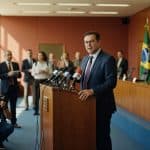 Homem de terno fala ao púlpito cercado por jornalistas e câmeras em sala com bandeiras brasileiras, política econômica
