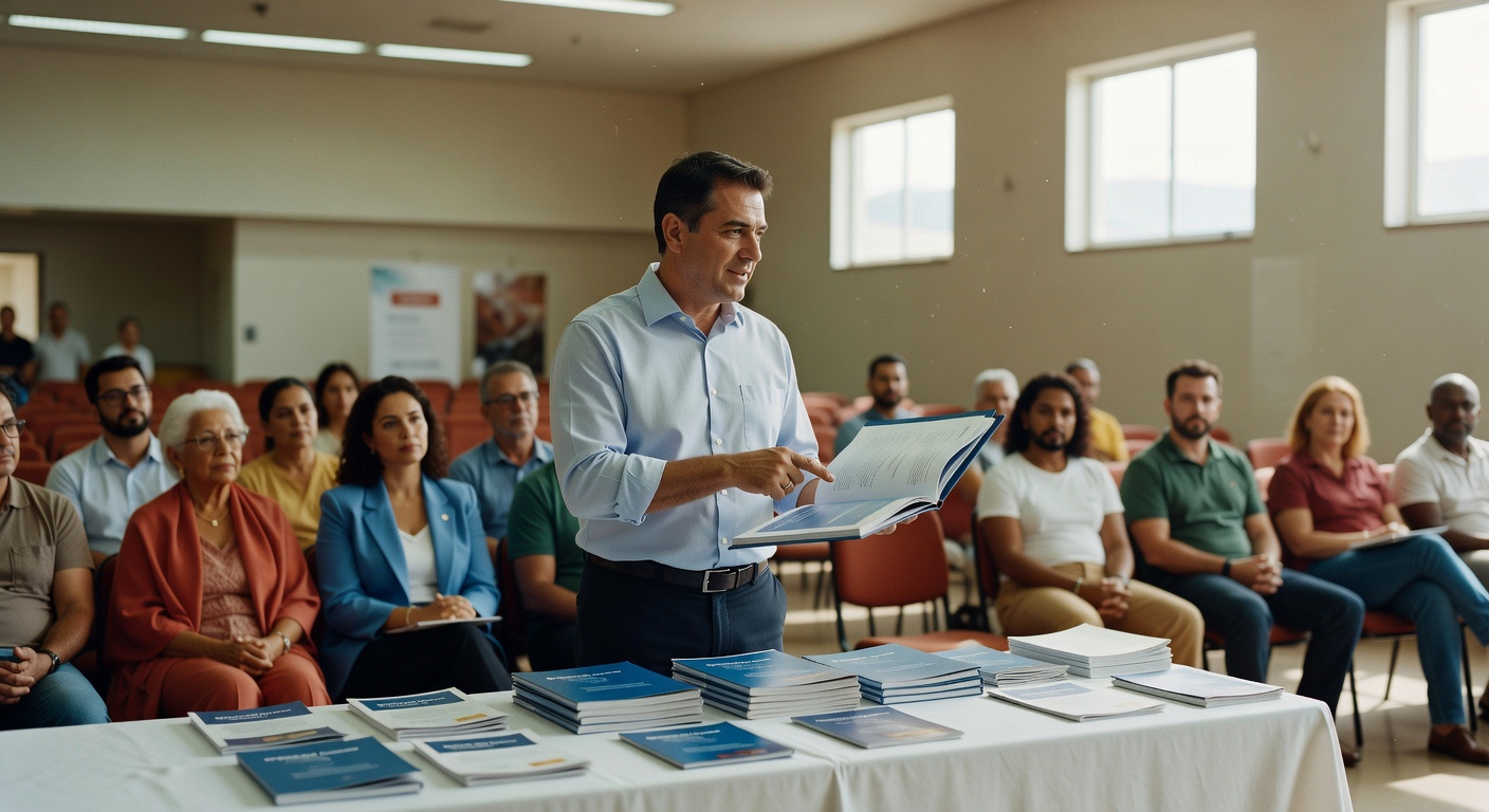 Homem apresenta documentos sobre orçamento público para audiência em auditório com materiais impressos sobre mesa