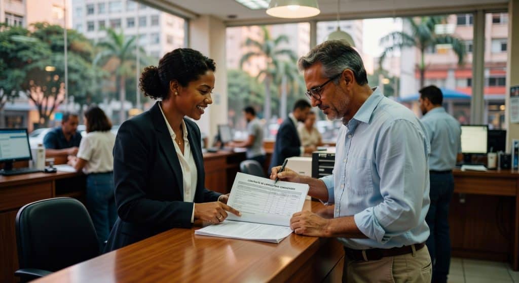Executiva e homem analisando contratos em escritório moderno, crédito consignado trabalhadores