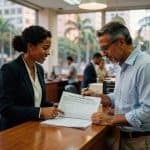Executiva e homem analisando contratos em escritório moderno, crédito consignado trabalhadores