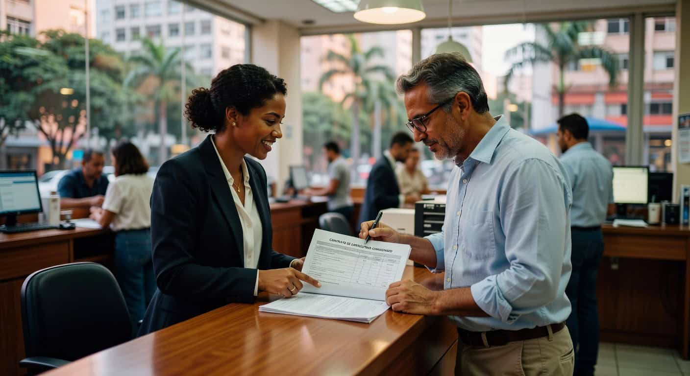 Executiva e homem analisando contratos em escritório moderno, crédito consignado trabalhadores