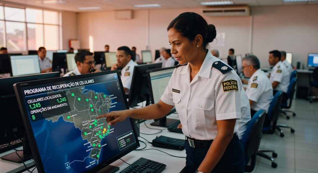 Policial Federal uniformizada opera sistema de monitoramento com mapa do Brasil mostrando programa recuperação celulares