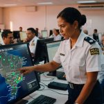 Policial Federal uniformizada opera sistema de monitoramento com mapa do Brasil mostrando programa recuperação celulares