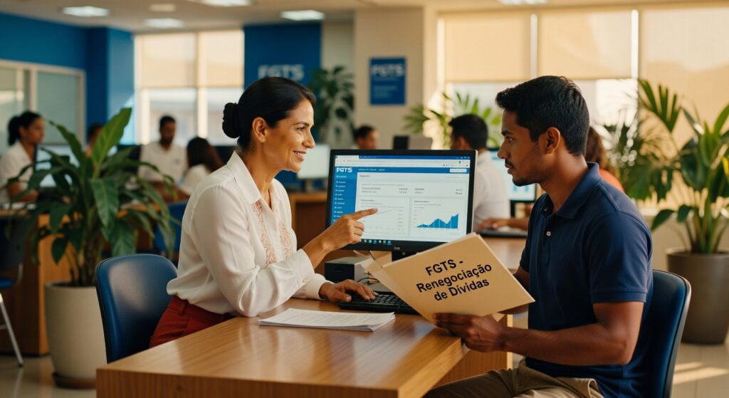 Consultora financeira explicando documentos do FGTS para cliente em escritório moderno, negociação dívidas
