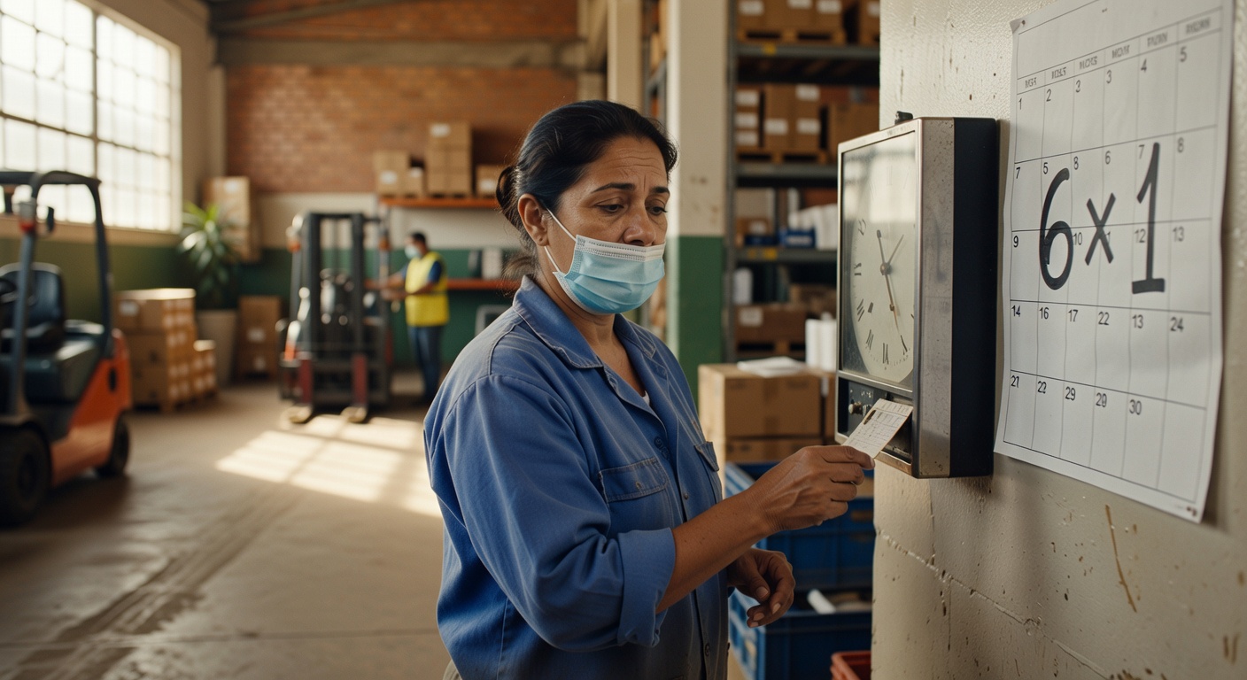 Funcionária usando máscara registra ponto eletrônico em ambiente industrial com calendário marcando jornada trabalho