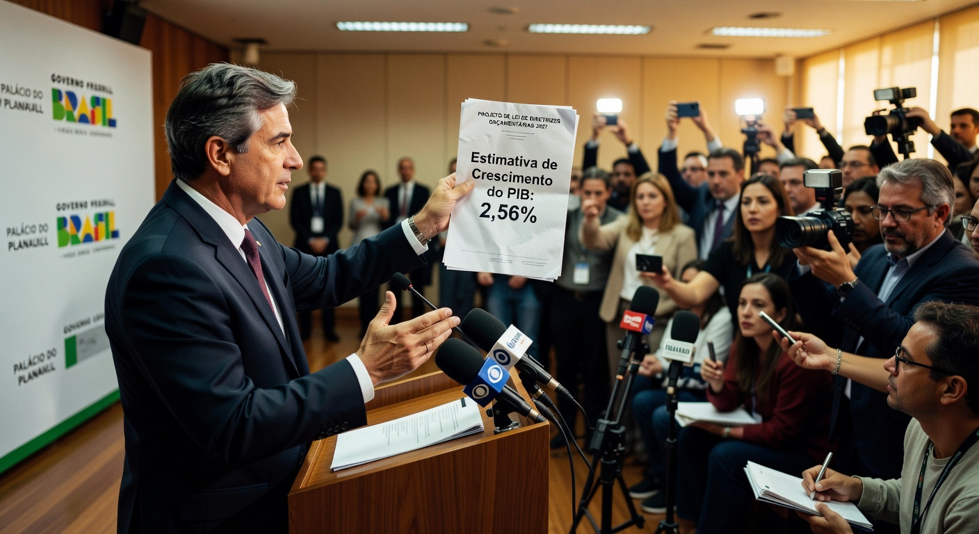 Autoridade governamental em coletiva mostra documento com estimativa de crescimento do PIB de 2,56% para jornalistas