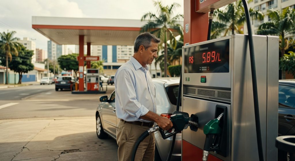 Homem de camisa branca abastecendo veículo em posto de combustível com preço R$ 5,89 por litro na bomba gasolina petróleo