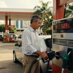Homem de camisa branca abastecendo veículo em posto de combustível com preço R$ 5,89 por litro na bomba gasolina petróleo