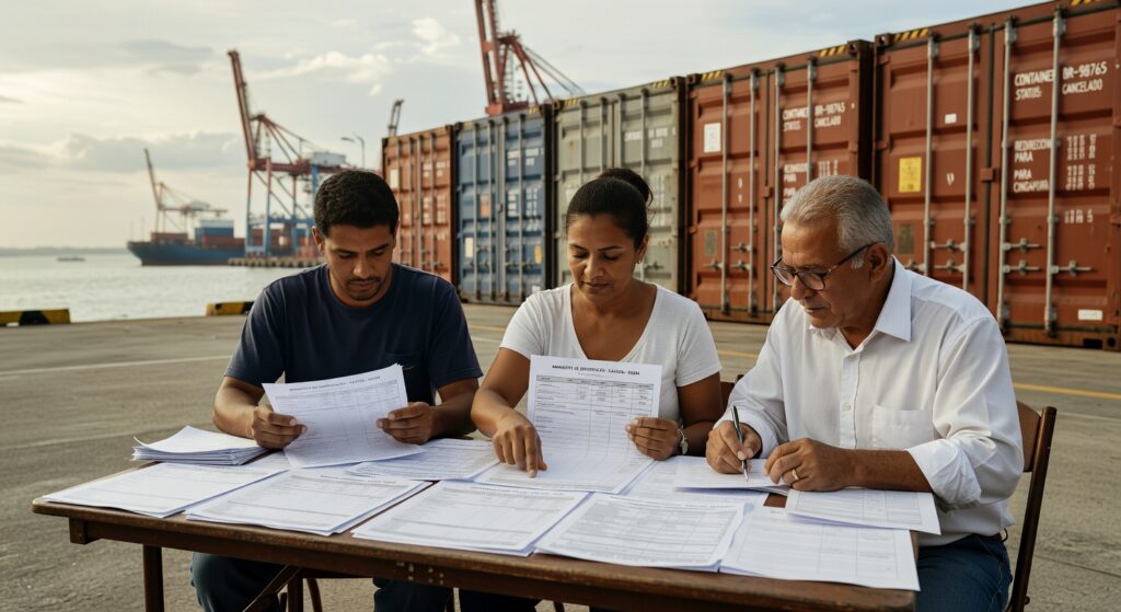 Três profissionais examinam documentos em mesa no terminal portuário com contêineres ao fundo, exportações comércio exterior