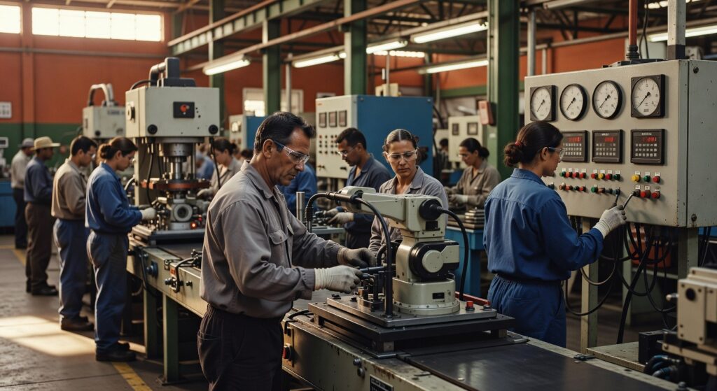 Trabalhadores em uniforme operando equipamentos industriais em fábrica com painéis de controle e máquinas CNC produção