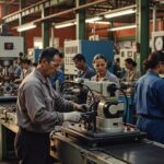 Trabalhadores em uniforme operando equipamentos industriais em fábrica com painéis de controle e máquinas CNC produção