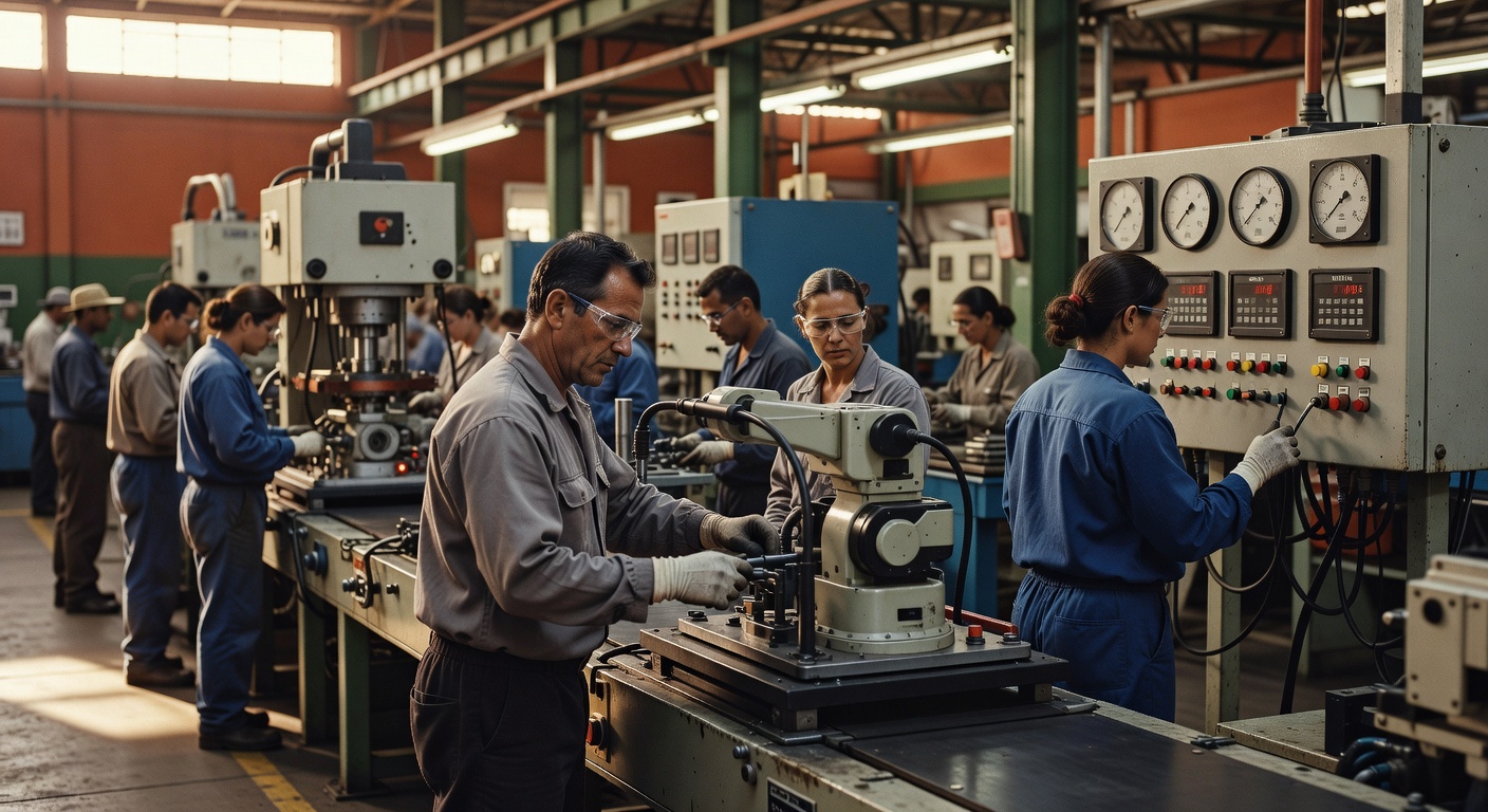 Trabalhadores em uniforme operando equipamentos industriais em fábrica com painéis de controle e máquinas CNC produção