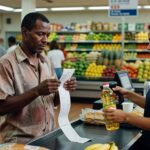 Homem conferindo nota fiscal enquanto funcionária registra produtos no caixa de supermercado inflação preços