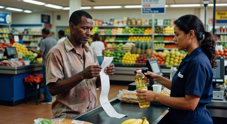 Homem conferindo nota fiscal enquanto funcionária registra produtos no caixa de supermercado inflação preços