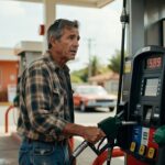 Homem de camisa xadrez abastecendo carro em posto de gasolina com bomba mostrando preço inflação combustível