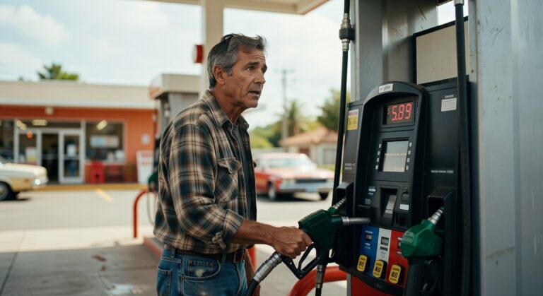 Homem de camisa xadrez abastecendo carro em posto de gasolina com bomba mostrando preço inflação combustível