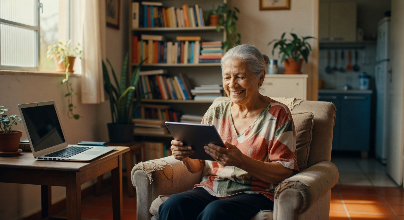 Idosa sorrindo enquanto usa tablet sentada em poltrona, laptop na mesa, representando acesso digital aos benefícios do INSS