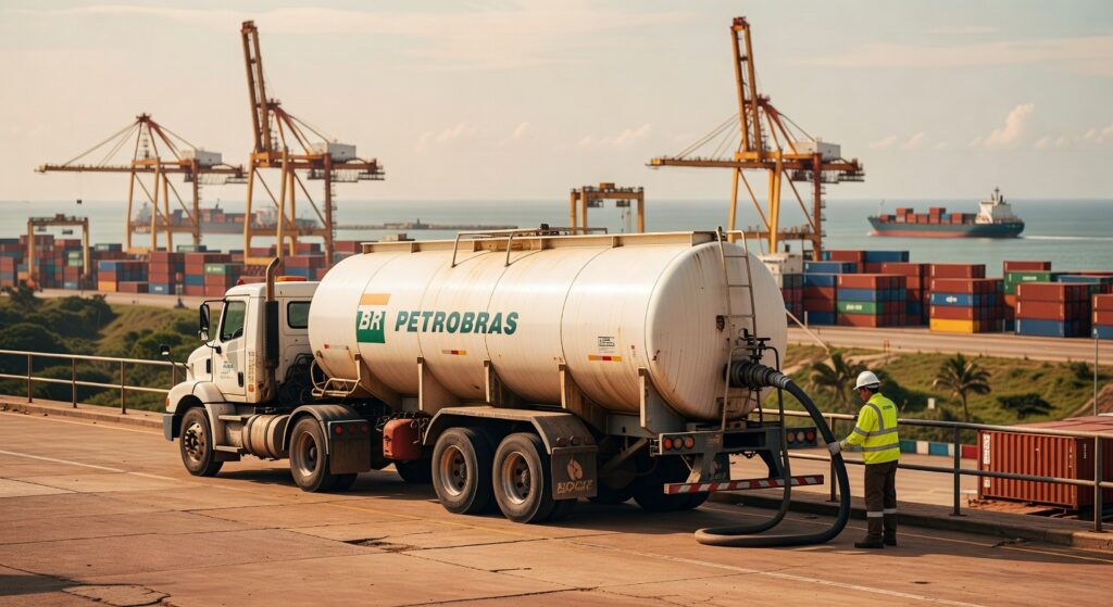 Caminhão-tanque da Petrobras BR em porto com guindastes e contêineres ao fundo, operação petrolífera exportação