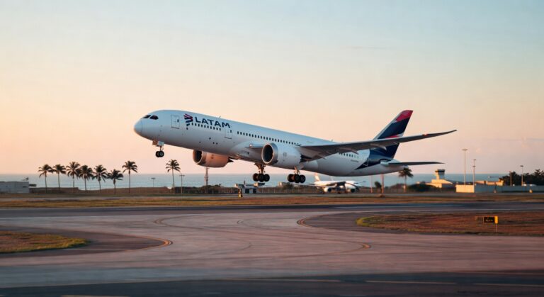 Aeronave Boeing 787 da Latam Airlines decolando durante o pôr do sol em aeroporto brasileiro com palmeiras ao fundo aviação comercial