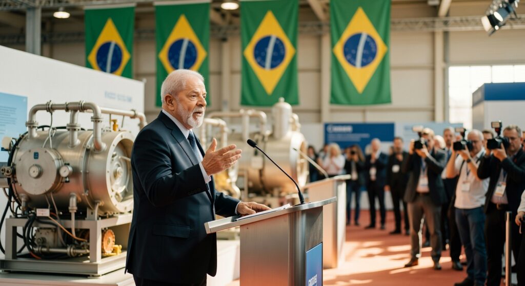 Presidente Lula em discurso oficial com bandeiras brasileiras ao fundo e equipamentos industriais, biocombustíveis