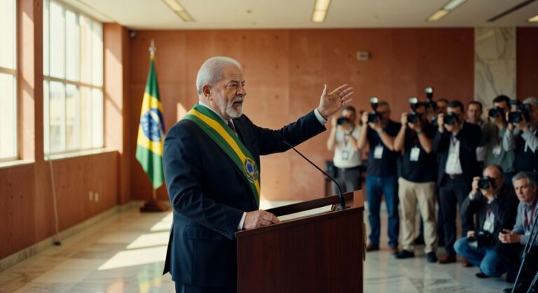 Presidente brasileiro com faixa presidencial discursa em púlpito com bandeira do Brasil ao fundo, jornalistas fotografando