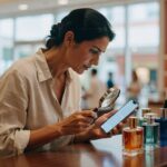 Mulher de camisa bege usando lupa para examinar smartphone em loja de perfumes com frascos coloridos mercado cosméticos