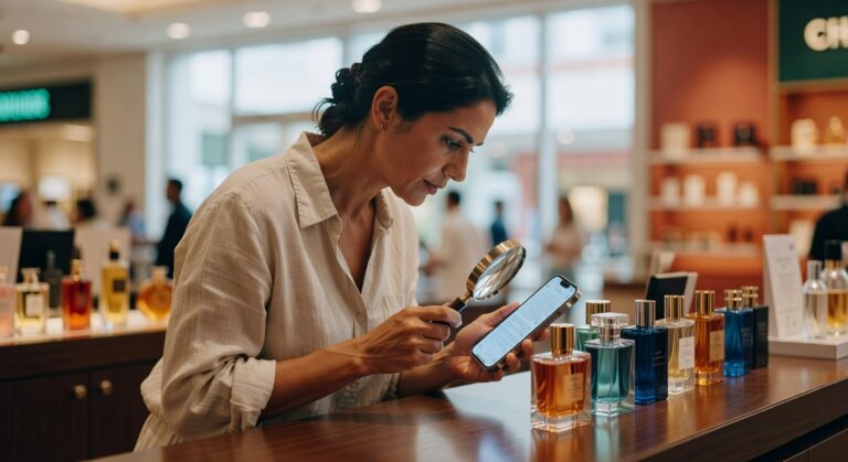 Mulher de camisa bege usando lupa para examinar smartphone em loja de perfumes com frascos coloridos mercado cosméticos
