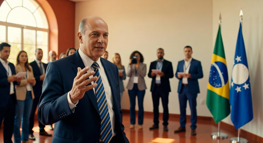 Homem de terno azul discursa em evento formal com bandeiras do Brasil e outra nação ao fundo, política econômica
