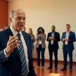 Homem de terno azul discursa em evento formal com bandeiras do Brasil e outra nação ao fundo, política econômica