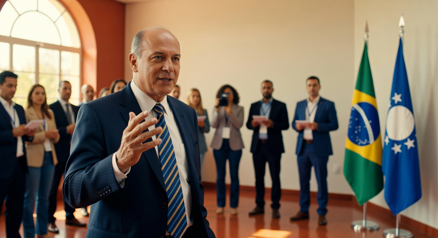 Homem de terno azul discursa em evento formal com bandeiras do Brasil e outra nação ao fundo, política econômica