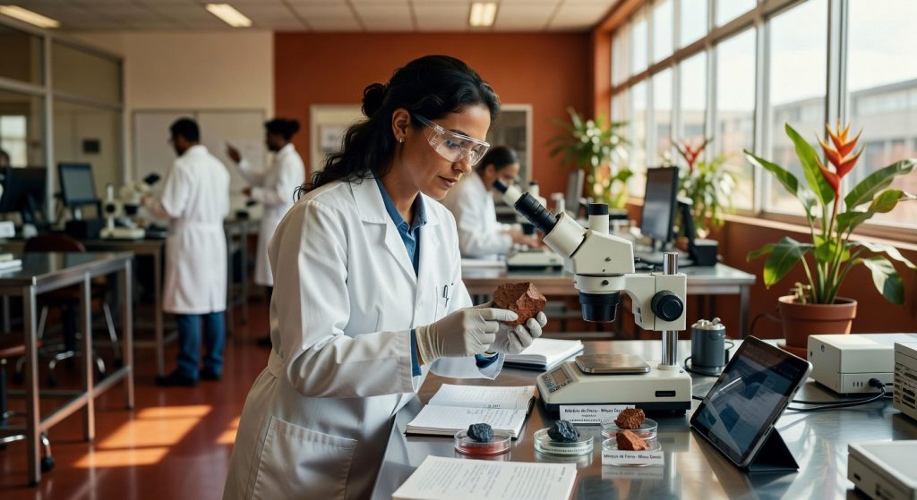 Pesquisadora de jaleco branco examina amostra mineral em microscópio em laboratório moderno, inovação mineração