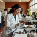 Pesquisadora de jaleco branco examina amostra mineral em microscópio em laboratório moderno, inovação mineração