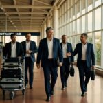 Grupo de cinco homens de terno caminhando em aeroporto com bagagens, viagem de negócios, agenda internacional ministerial