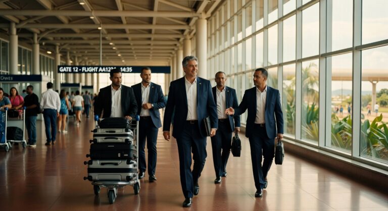 Grupo de cinco homens de terno caminhando em aeroporto com bagagens, viagem de negócios, agenda internacional ministerial